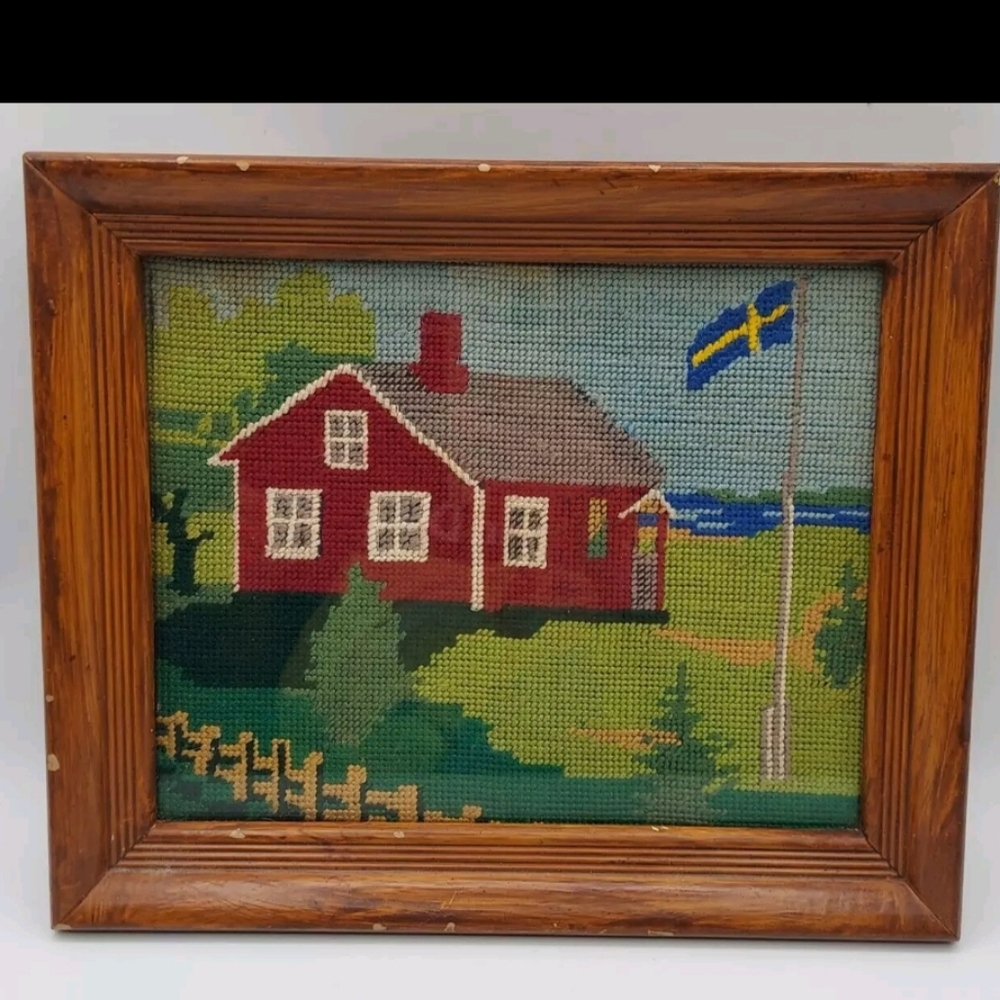 Vintage Farm 12 x 10 Needlepoint framed wall art Flag Farmhouse Crewel School